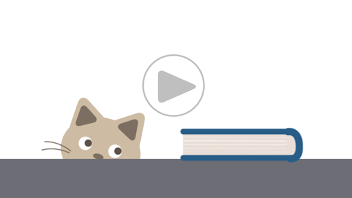 image of a cat staring at a book, with play icon