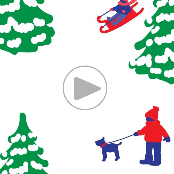 image of snow forest scene with a dog and a dog walker, with play icon